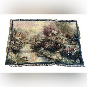 THOMAS KINKADE Tapestry Blanket Throw Cottage Stream‎ Bridge FRINGE 62x40
